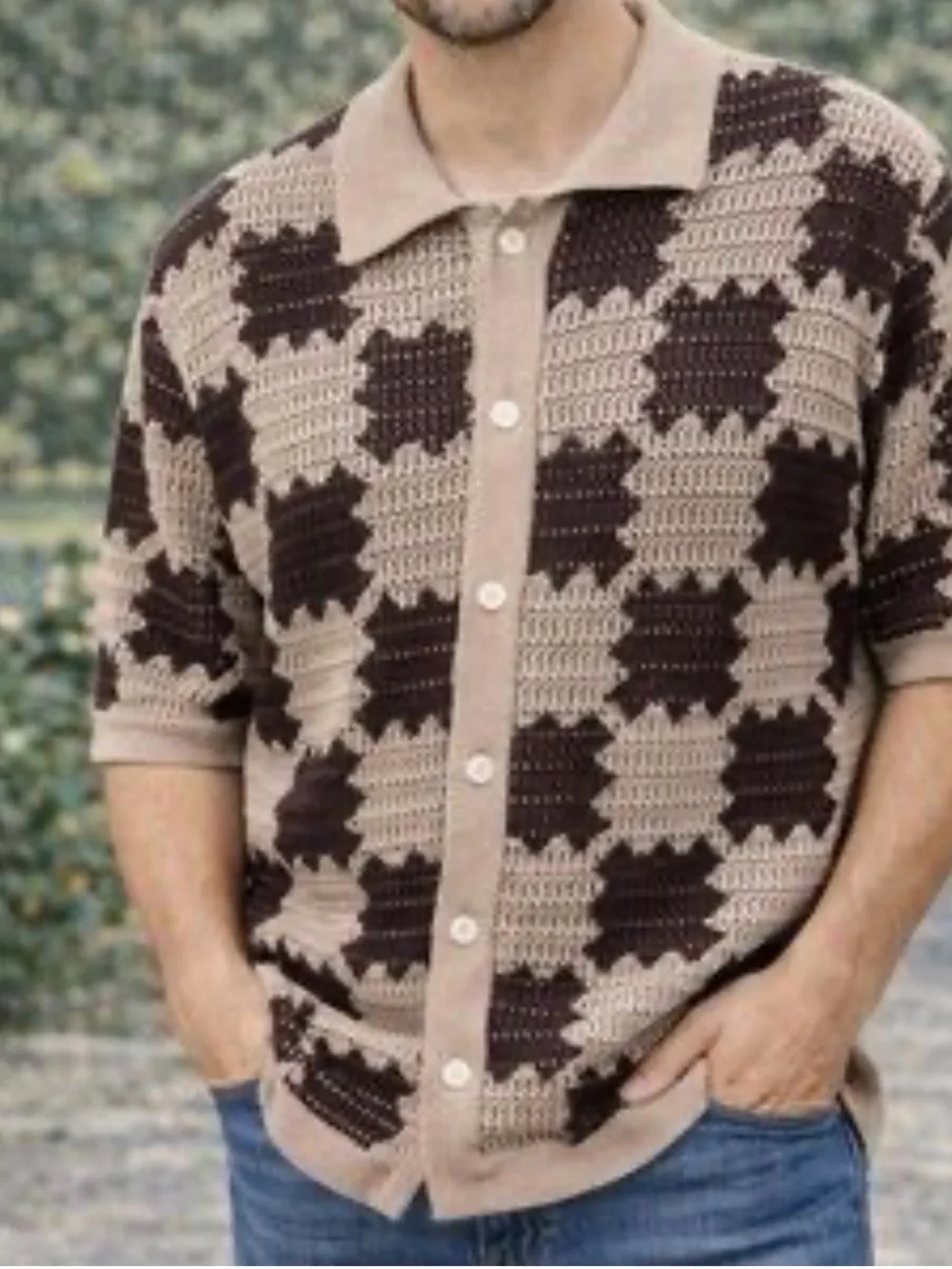 Massive Luxury Edition Crochet Knit Polo Cardigan in Beige & Chocolate